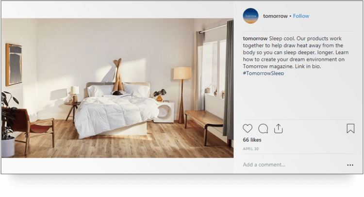 Screenshot of a post by tomorrow's handle on Instagram of a bed.
