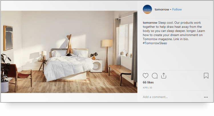 Screenshot of a post by tomorrow's handle on Instagram of a bed.
