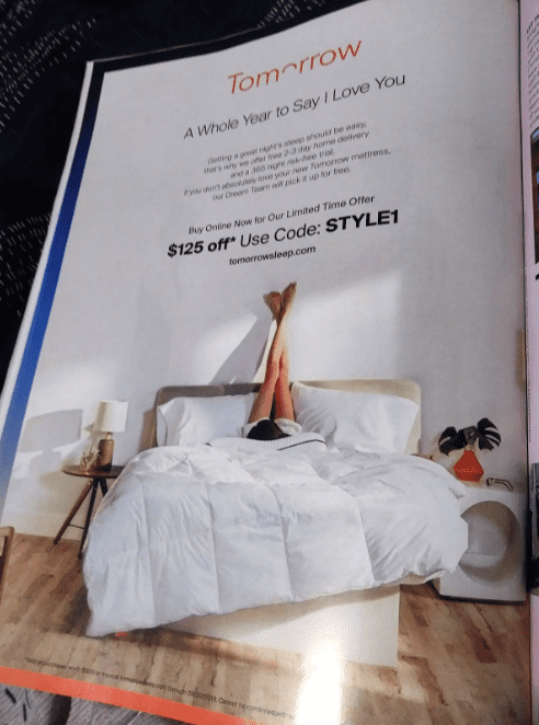 An image of print ad for Tomorrow Hybrid Mattresses from a Magazine.