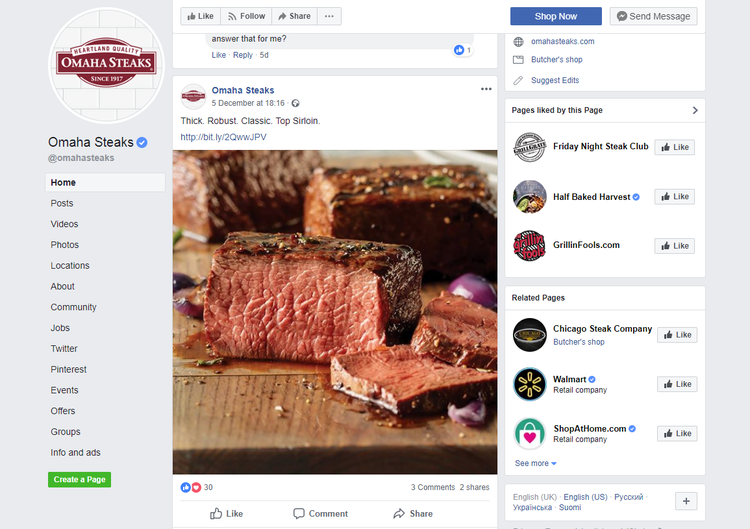 Screengrab of OMAHA STEAKS' s facebook page.