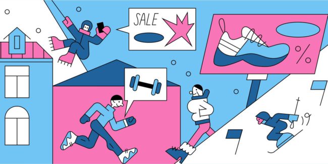 Colourful line of illustrations dominated by blue and pink which reads Marketing Outdoor Brands: 4 Smart Campaigns (and why they worked).