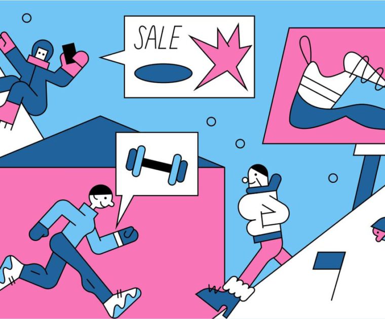 Colourful line of illustrations dominated by blue and pink which reads Marketing Outdoor Brands: 4 Smart Campaigns (and why they worked).