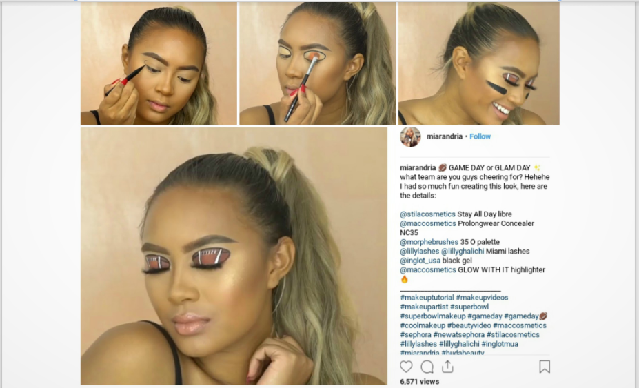Screenshot of post from @miarandria of fun, flirty makeup tutorial for Super Bowl Sunday on Instagram.