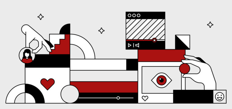 Mix of Red, Black and white illustrations which reads 6 Video Marketing Strategies to Up Your Social Marketing Game