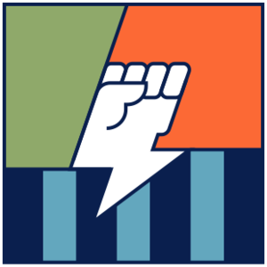 A square image of a colourful line illustrations of a thunderbolt and hand logo.
