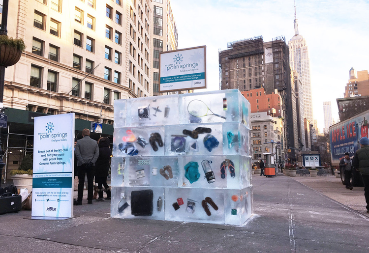 An image of ice amid a busy avenue carrying a variety of summertime accessories.