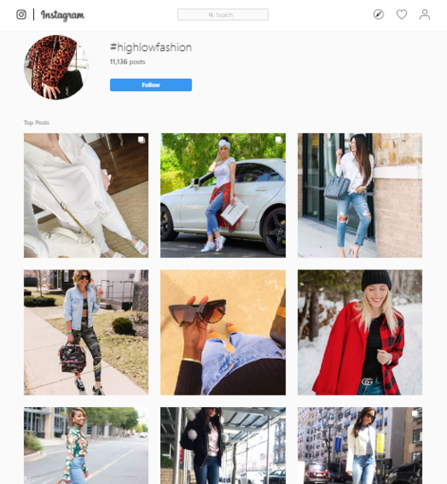 A screenshot of posts from #highlowfashion on Instagram.
