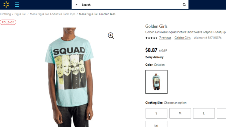 Screengrab of Golden Girls Tee on Walmart.