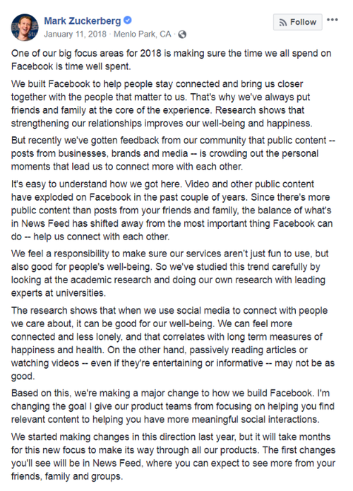 Screenshot of Mark Zuckerberg's post on Facebook.