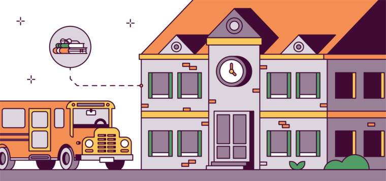 line illustration of a schoolhouse and schoolbus