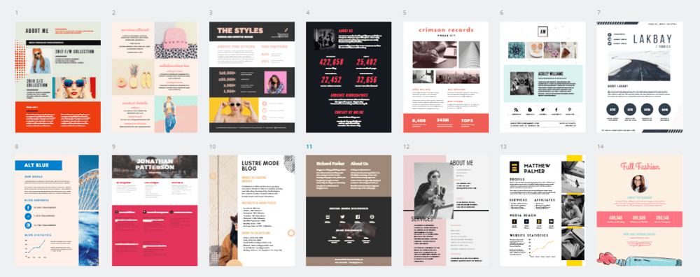 A screenshot of few media kit templates from Canva.