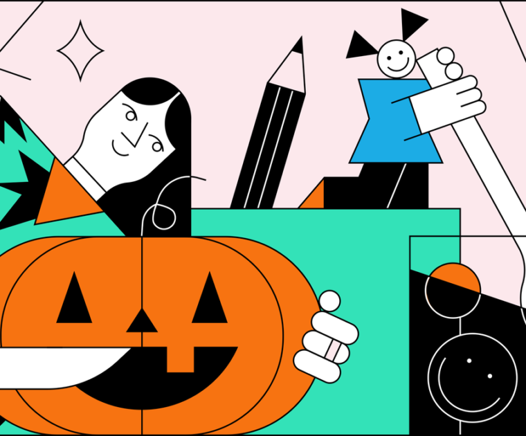 A Colourful line representation of a woman holding a halloween pumpkin.