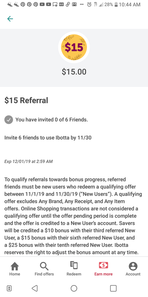  A screenshot from Ibotta $15 referral incentive
