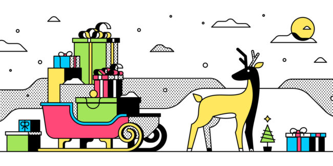 A colourful line representation of a deer and gifts.