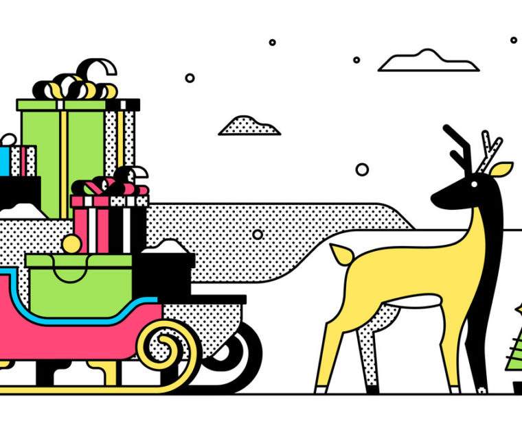 A colourful line representation of a deer and gifts.