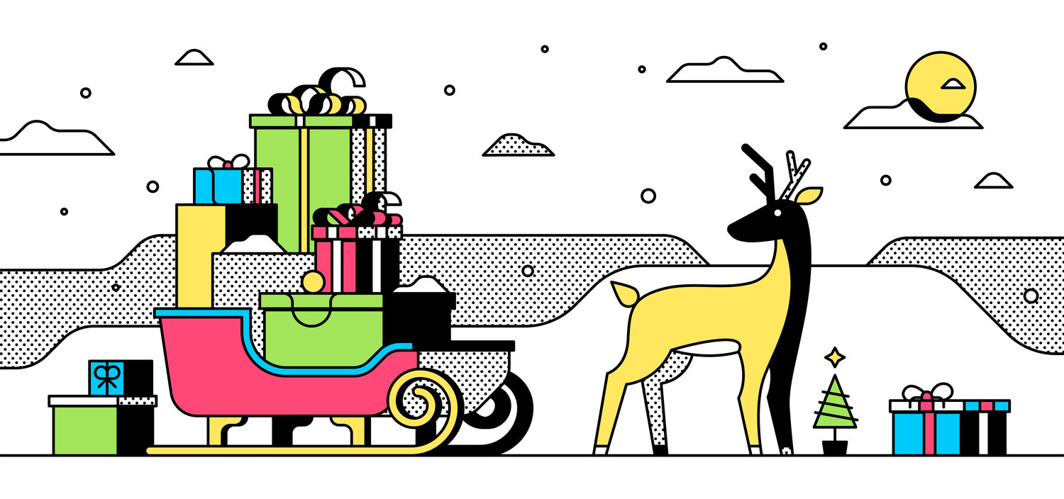 A colourful line representation of a deer and gifts.