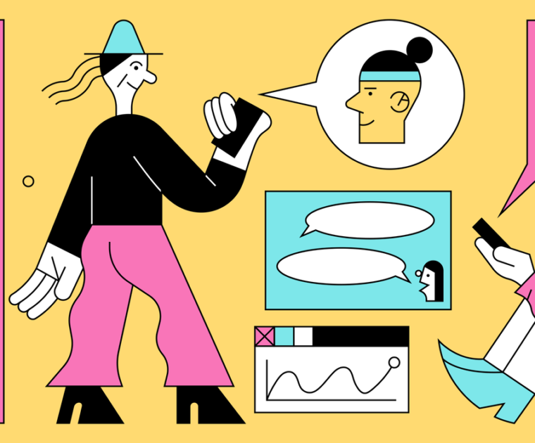 A colourful line illustration of labels, message bubbles and a lady with a phone portraying connection with a man.