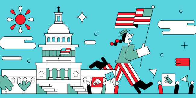 line illustration of someone waving a flag in front of the Capitol building