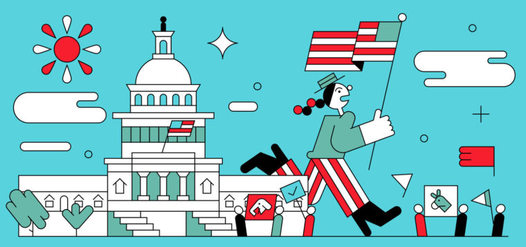 line illustration of someone waving a flag in front of the Capitol building