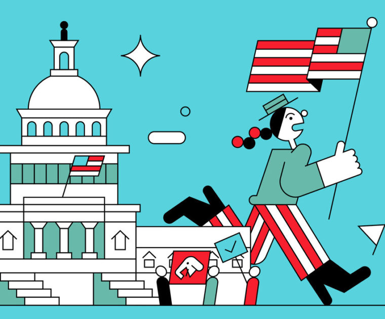 line illustration of someone waving a flag in front of the Capitol building