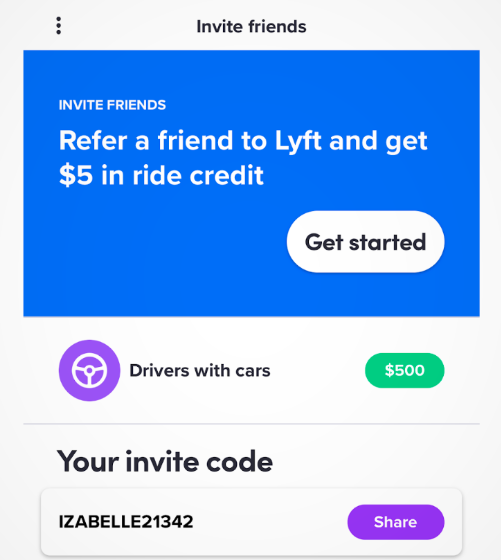 Screenshot of Lyft Referral Screen.