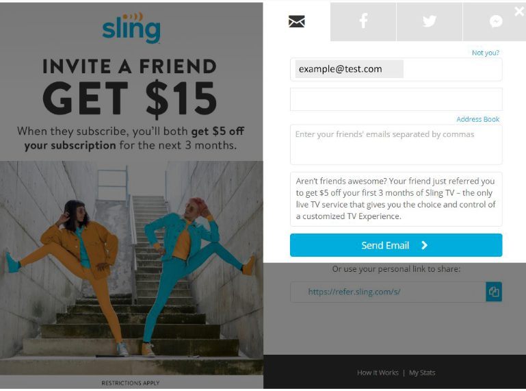 Screenshot of SlingTV Referral Screen.