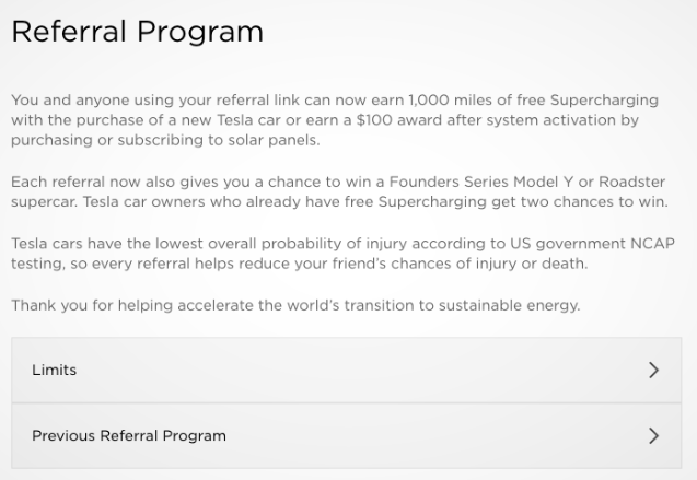 Screenshot of Tesla Referral Screen.