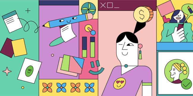 colorful line illustration of woman with ponytail and other women on their phones - reusing UGC