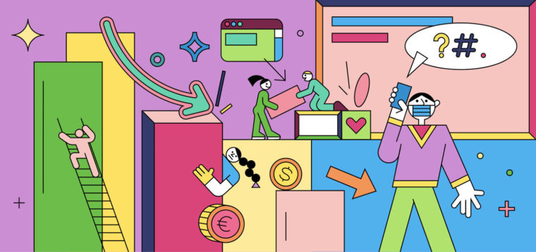 colorful line illustration of people wearing masks and working from different places