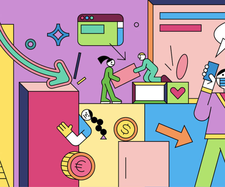 colorful line illustration of people wearing masks and working from different places