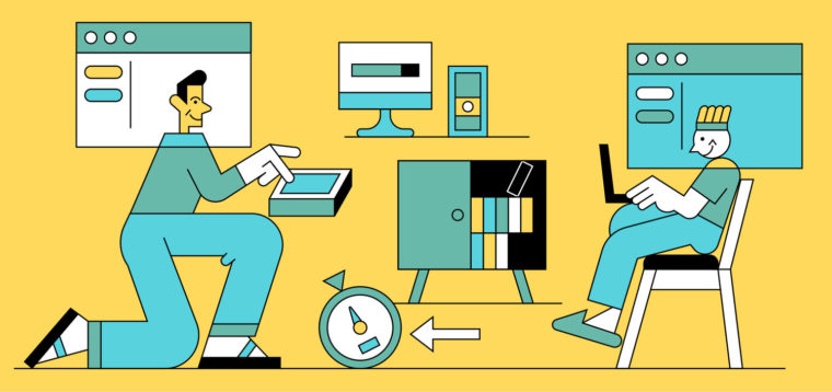 Coloful line illustration of two people in a worskspace