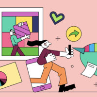 colorful line illustration of people on their phones, shopping, and measuring ROI - conversion campaigns