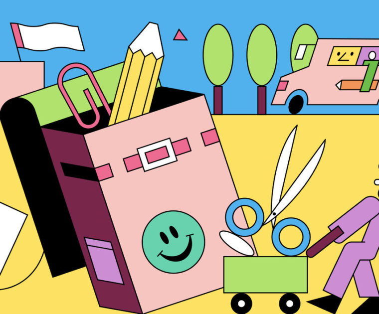 colorful line illustration of school-themed scene - back to school marketing
