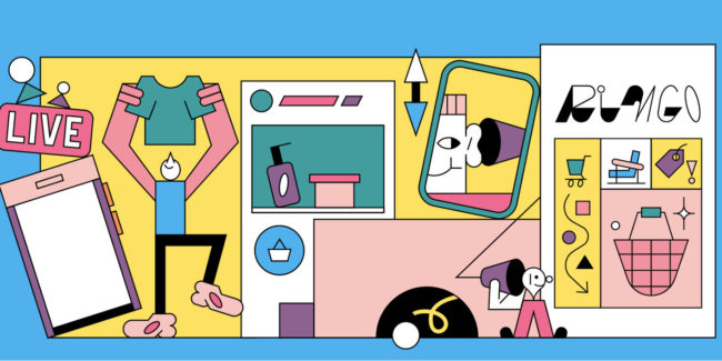 colorful line illustration of ecommerce-themed scene