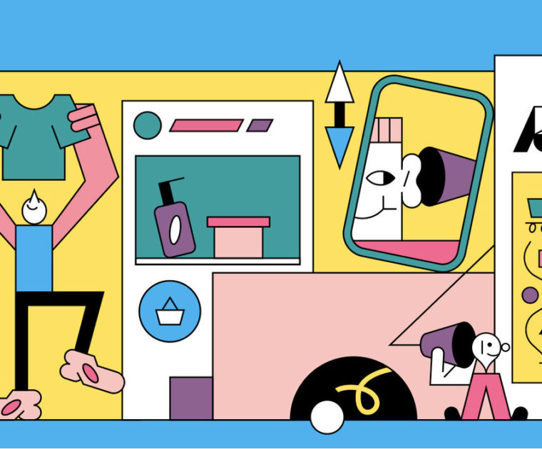 colorful line illustration of ecommerce-themed scene