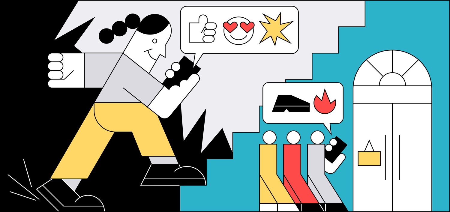 colorful line illustration of young people holding phones