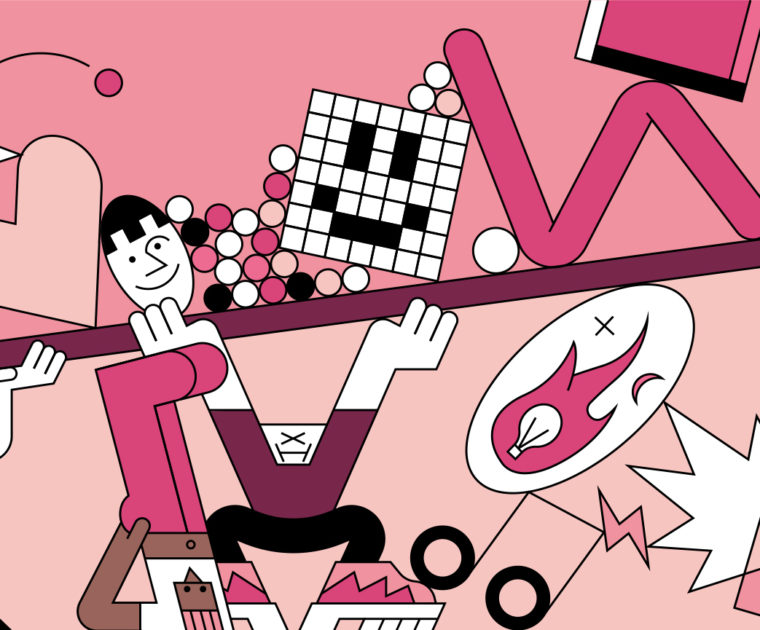 pink and red line illustration of 3 people holding up a huge phone showing a tiktok