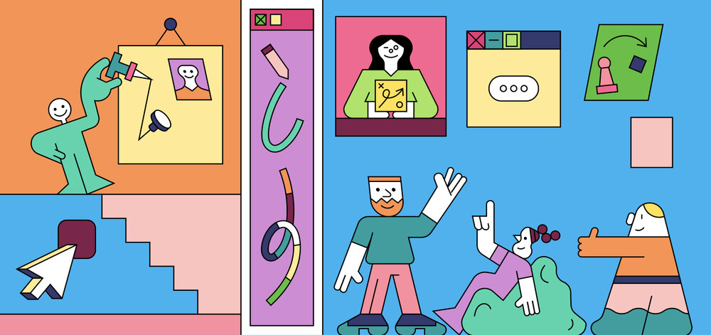 colorful illustration of scenes of people doing social-related activities