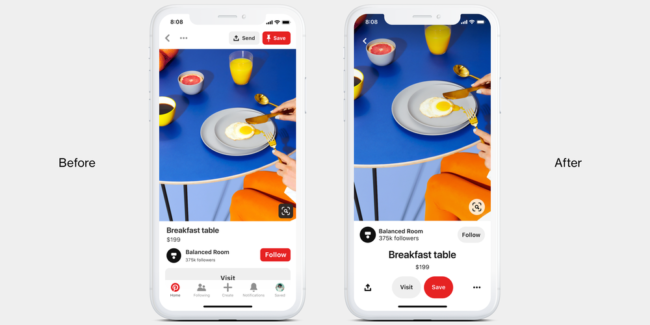 screenshot of before and after UX design for Pinterest mobile