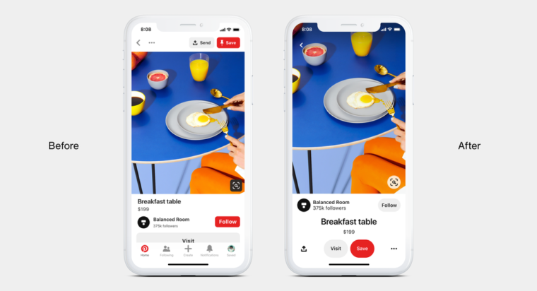 screenshot of before and after UX design for Pinterest mobile
