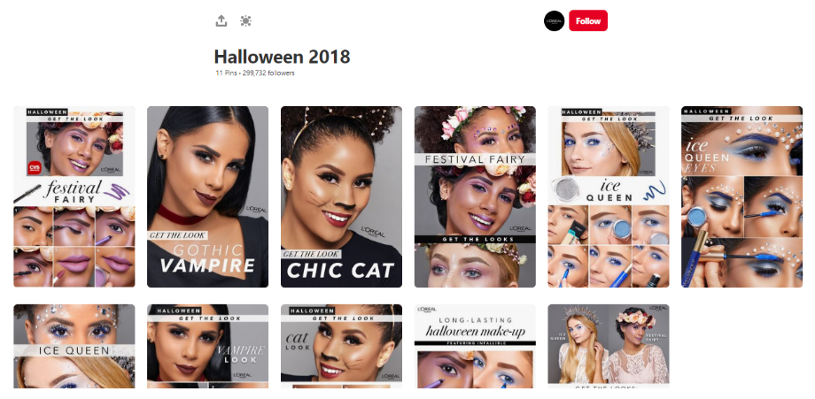 Grid of few images titled Halloween 2018 from L’Oreal’s Halloween board.