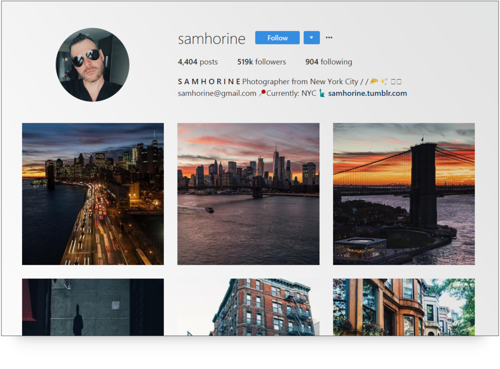 A screenshot of Sam Horine's Instagram profile from an Instagram takeover campaign