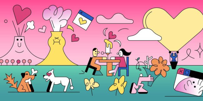 line illustration of colorful pink Valentine's Day scene with dogs and volcanos and flowers and hearts