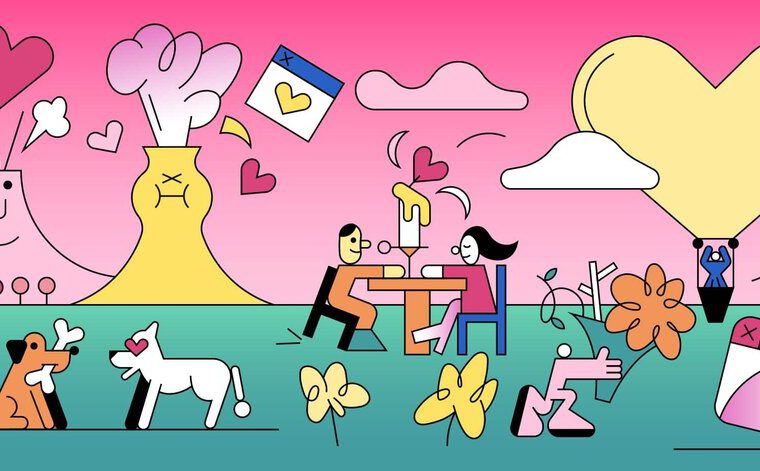 line illustration of colorful pink Valentine's Day scene with dogs and volcanos and flowers and hearts