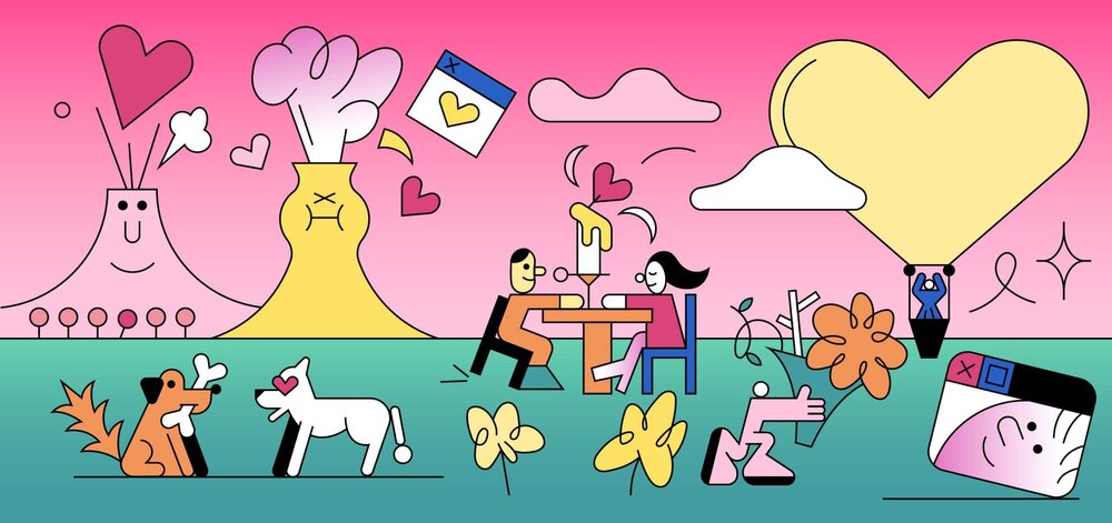 line illustration of colorful pink Valentine's Day scene with dogs and volcanos and flowers and hearts