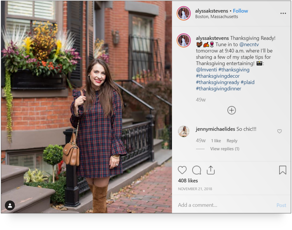 A screenshot of a post from @alyssakstevens on Instagram of a lady with a tan bag.