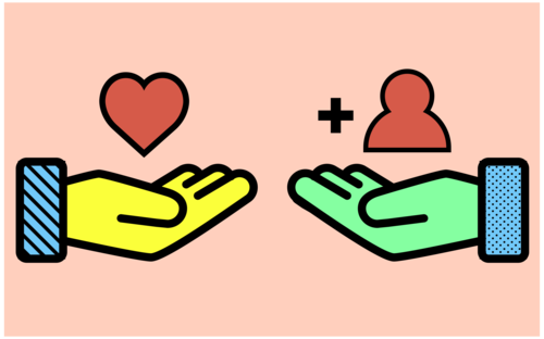A representation of two hands one givng a heart and another of personnel.