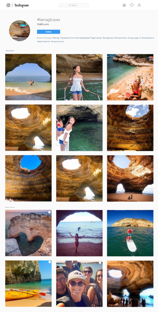 A screenshot of posts from #benagilcaves on Instagram.