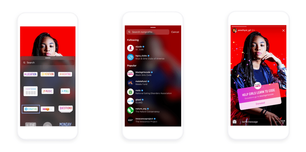 Instagram donation stickers from FB's social good page - social media strategy for charities