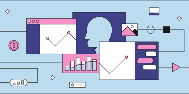 pink and blue line illustration of a person's profile outline and charts demonstrating growth and data - influencer marketing ROI